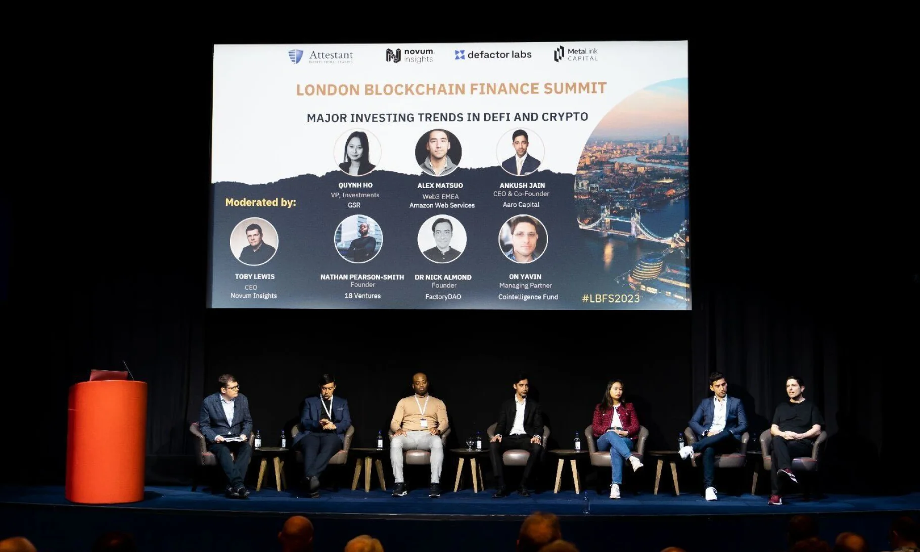 This image describes On Yavin speaking about major investing trends in DeFi and crypto at the London Blockchain Finance Summit.